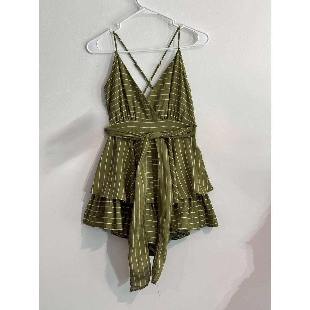 Summer Romper Love Culture‎ Striped Tiered Ruffle Women Small Olive Green Tie